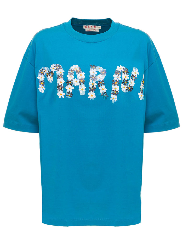 Marni Womans Light Blue Cotton T-Shirt With Floral Logo Print Blu Tshirts And Polo Shirts