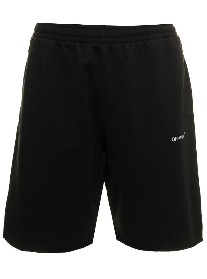 Off White Diag Helvetica Mans Black Cotton Bermuda Shorts With Print And