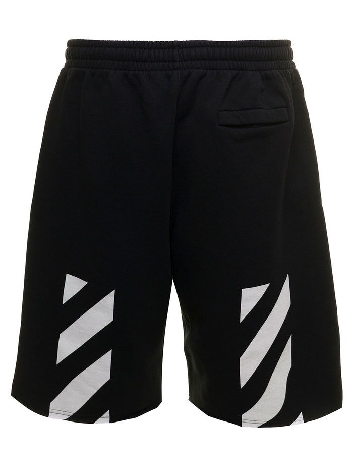Off White Diag Helvetica Mans Black Cotton Bermuda Shorts With Print And