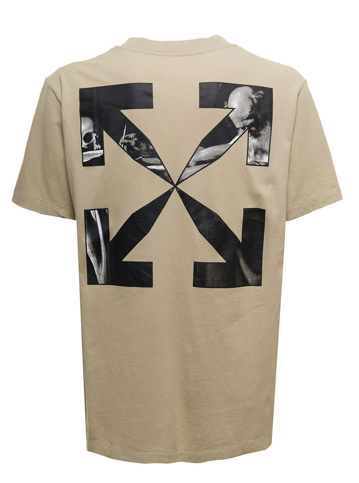 Off White Mans Caravaggio Beige Cotton T-Shirt With Print Tshirts And Polo Shirts