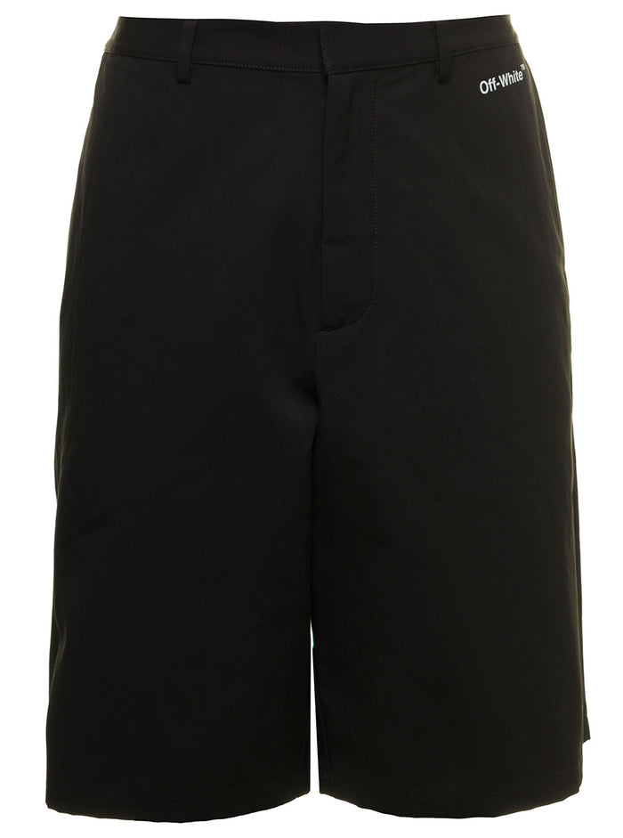 Off White Mans Cotton Arrow Skate Bermuda Shorts Black Polyamide And