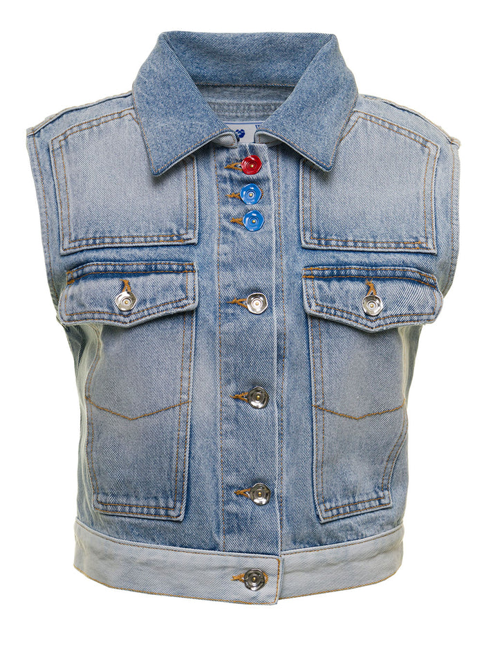 Off White Womans Denim Vest With Multicolor Buttons Blu Cotton Blazers