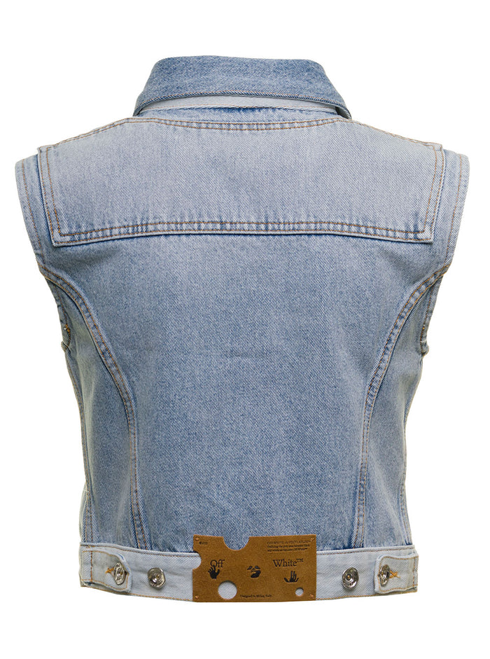 Off White Womans Denim Vest With Multicolor Buttons Blu Cotton Blazers