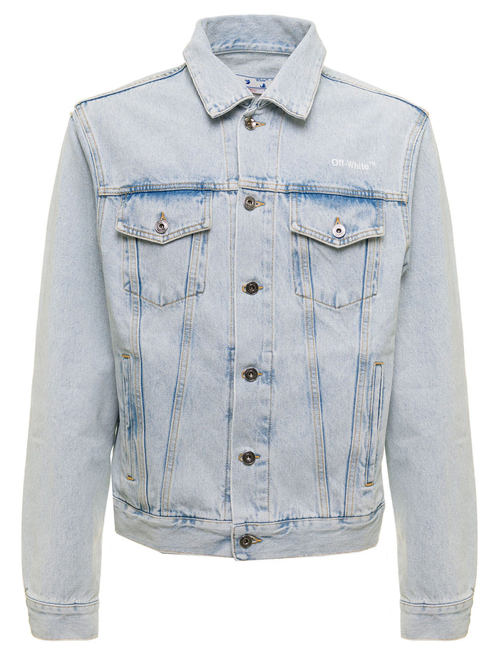 Off White Mans Denim Jacket With Pockets And Diagonal Back Print Light Blue Cotton