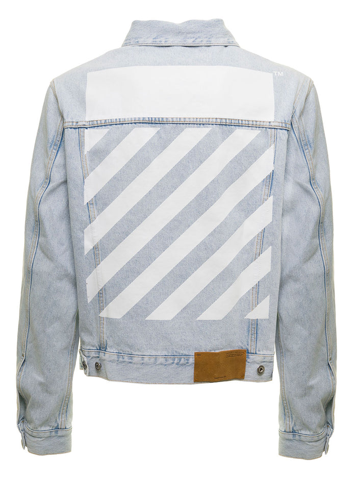 Off White Mans Denim Jacket With Pockets And Diagonal Back Print Light Blue Cotton