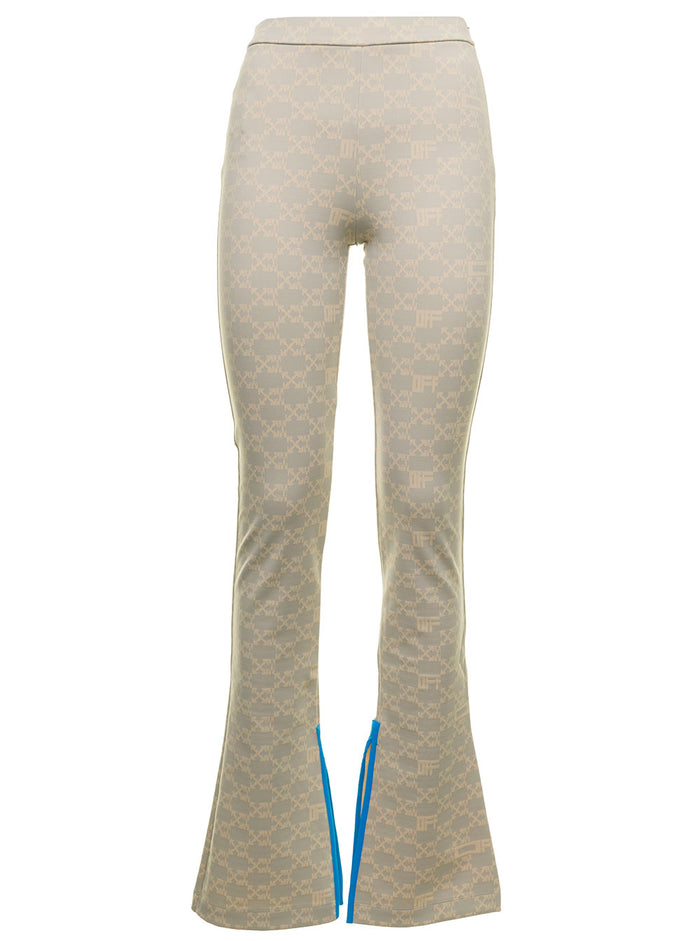 Off White Womans Monogram Fabric Flared Leggings Beige Polyamide Trousers