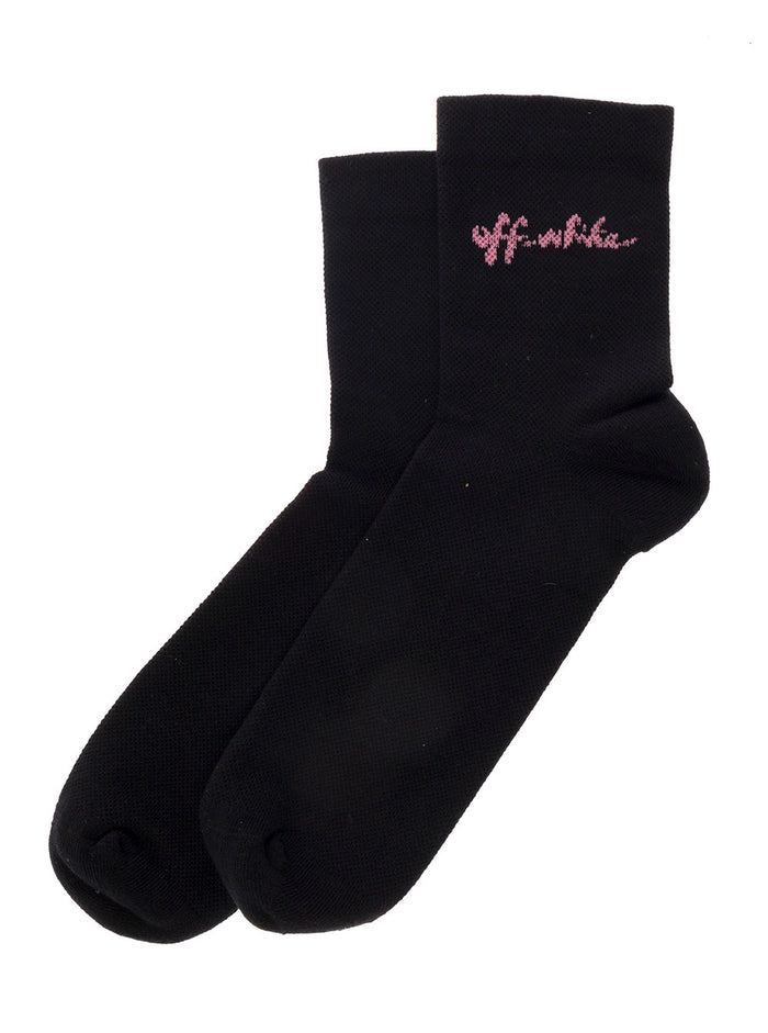 Off White Womans Black Cotton Socks With Script Logo Print Polyamide Elastane Underwear