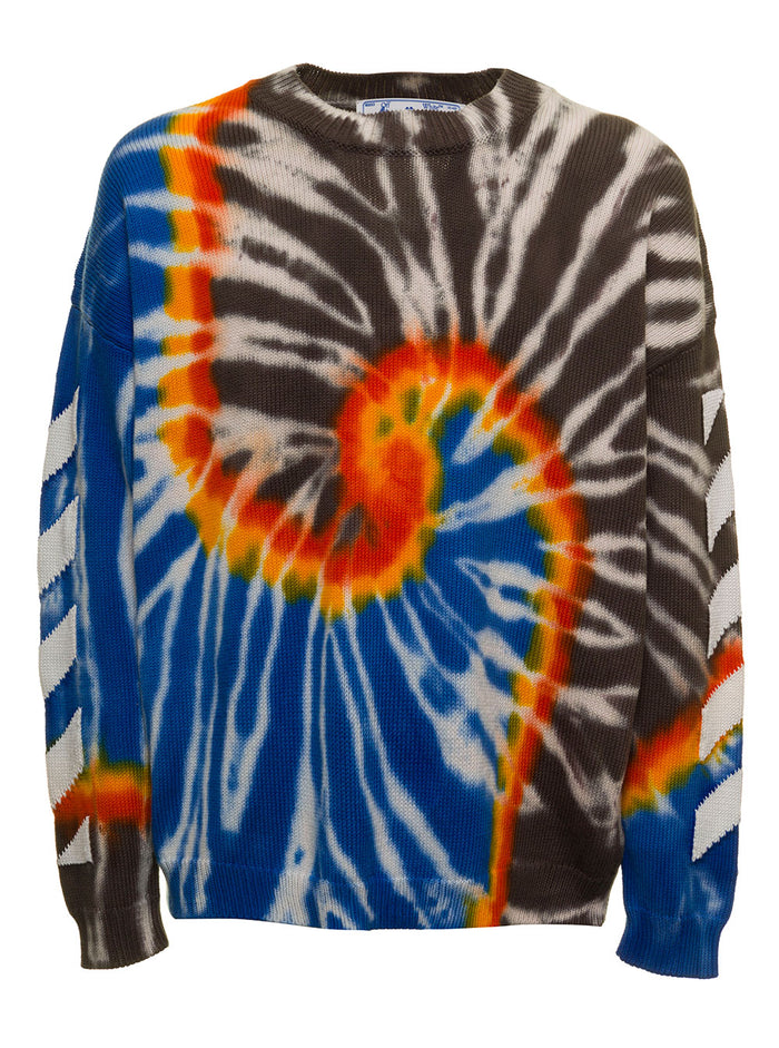Off White Mans Cotton Crew Neck Sweater With Diag Tie Dye Print Polyester Jersey