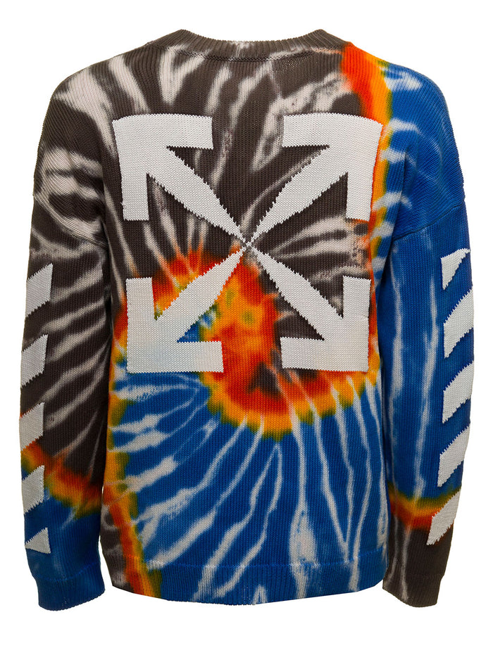 Off White Mans Cotton Crew Neck Sweater With Diag Tie Dye Print Polyester Jersey