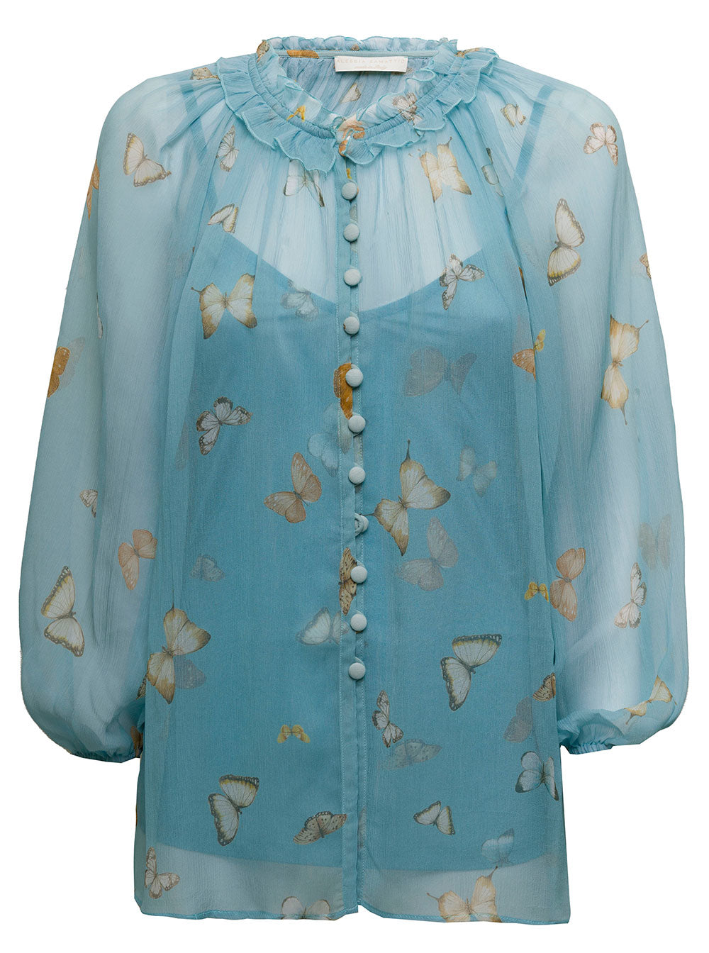 Zamattio Womans Light Blue Silk Chiffon Butterfly Printed Shirt And Blouses