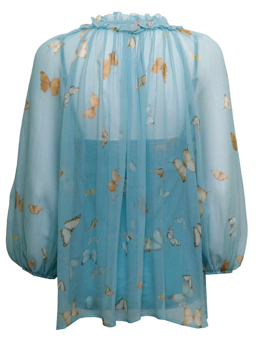 Zamattio Womans Light Blue Silk Chiffon Butterfly Printed Shirt And Blouses