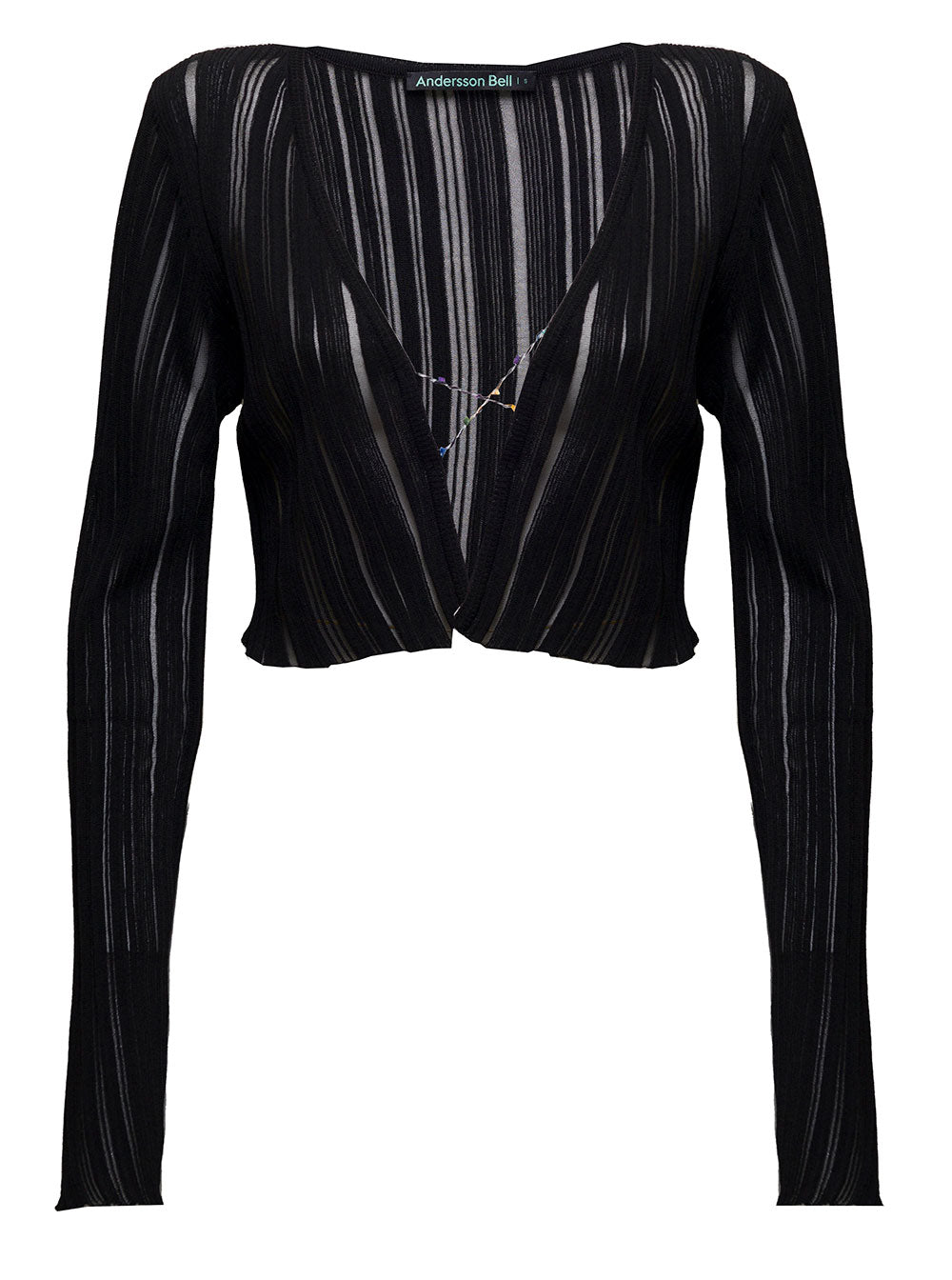 Andersson Bell Womans Alena Striped Cropped Cardigan Black Polyester Rayon Nylon Jersey