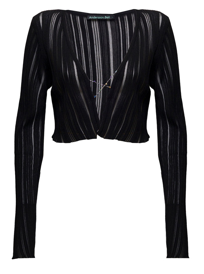 Andersson Bell Womans Alena Striped Cropped Cardigan Black Polyester Rayon Nylon Jersey