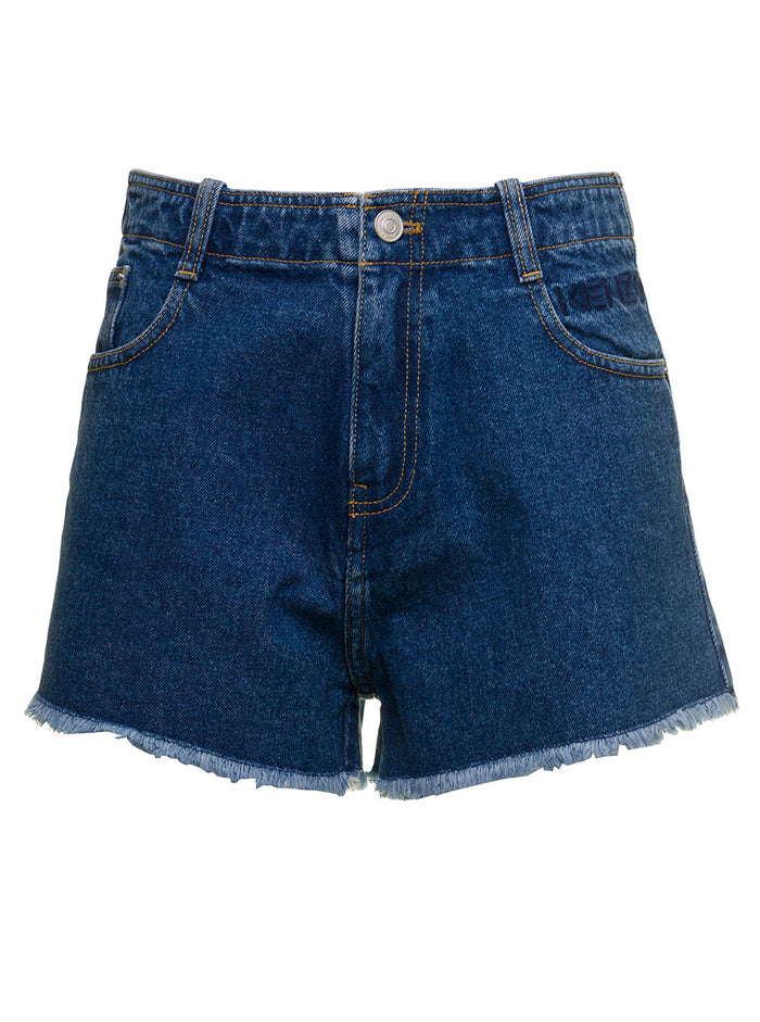 Kenzo Womans Blue Denim Shorts With Fringed Bottom Blu Cotton And Bermuda