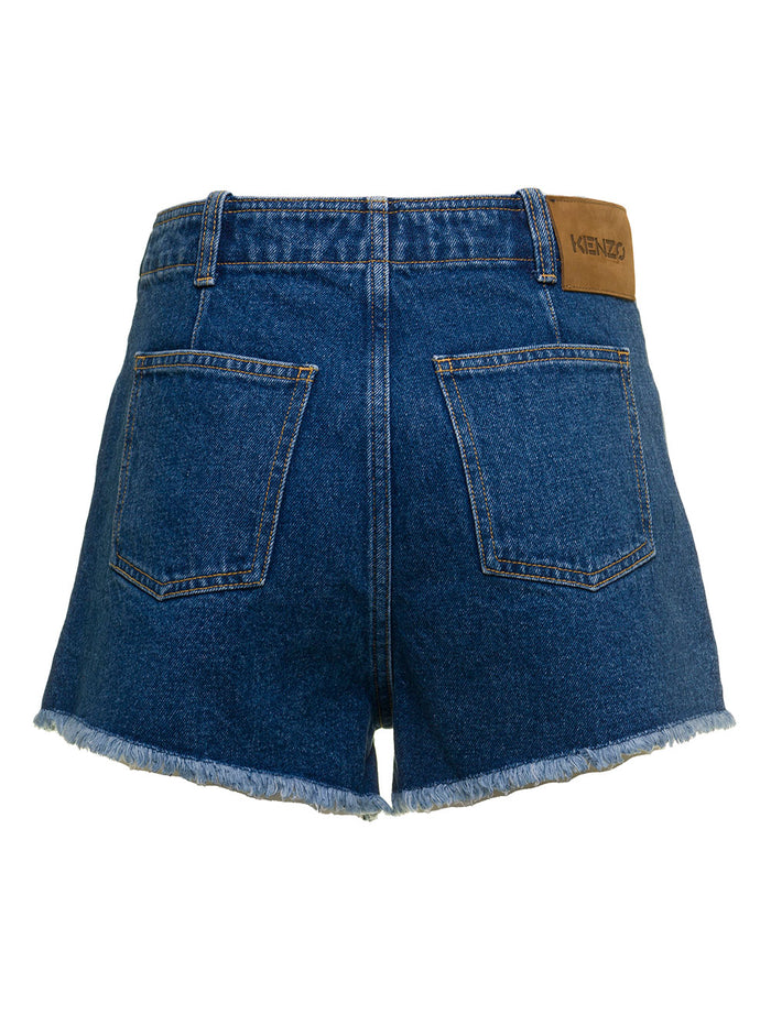 Kenzo Womans Blue Denim Shorts With Fringed Bottom Blu Cotton And Bermuda