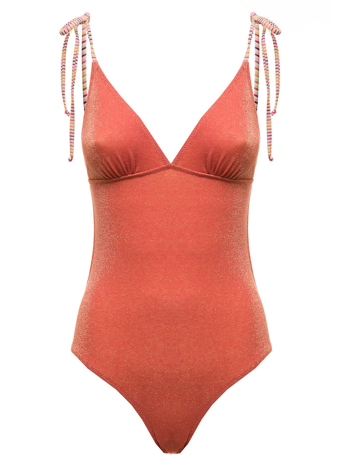 Momonì Womans Orange Lurex Swimsuit With Striped Shoulder Straps Beachwear