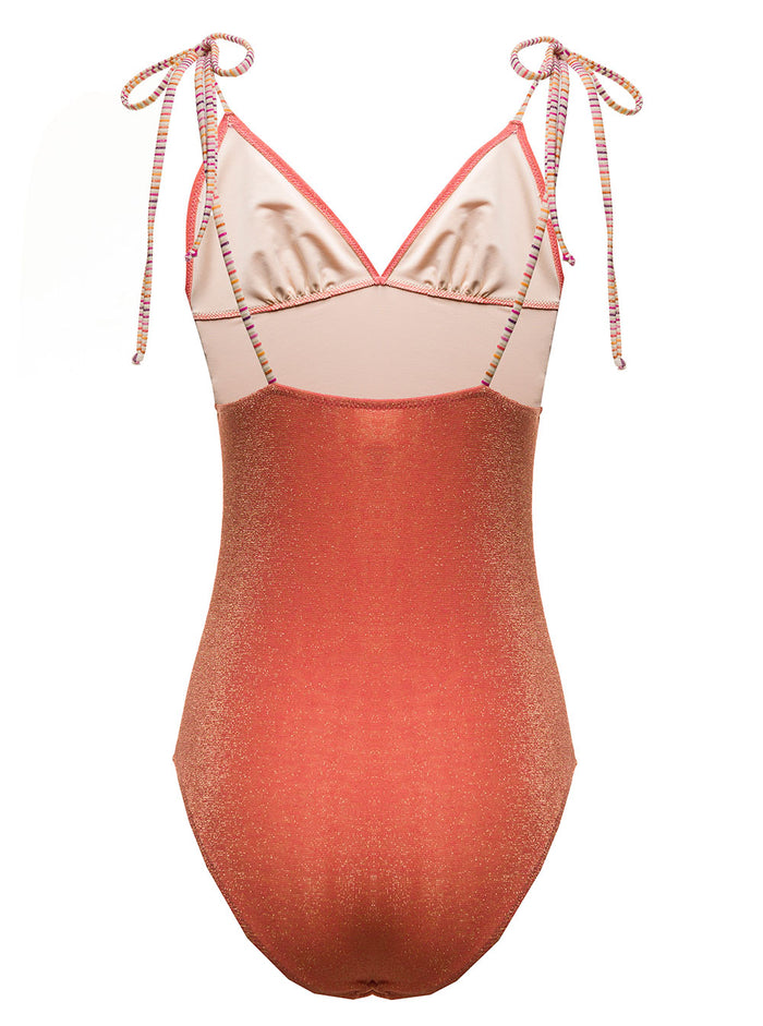 Momonì Womans Orange Lurex Swimsuit With Striped Shoulder Straps Beachwear
