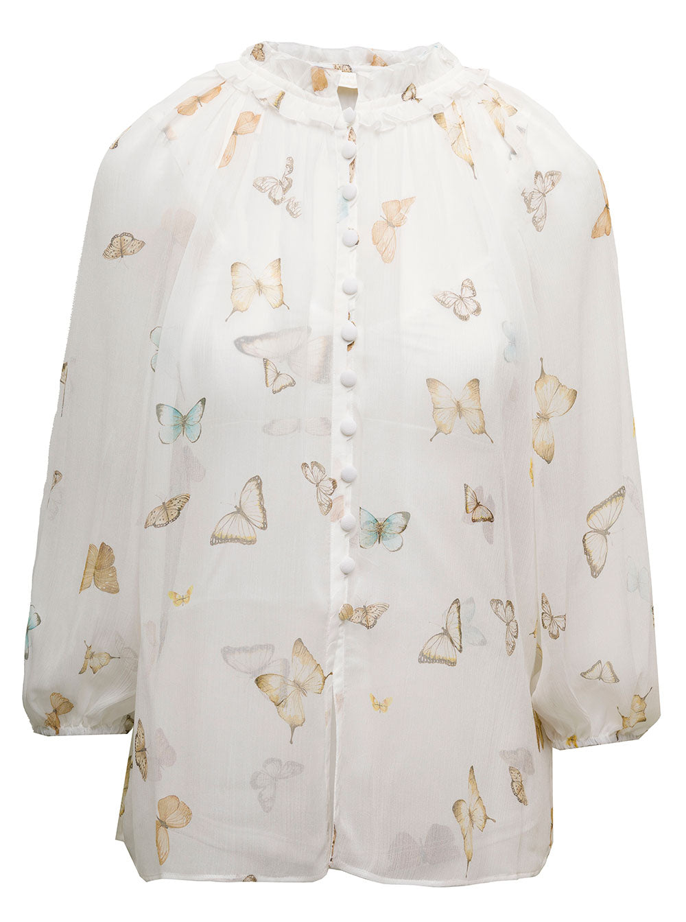Zamattio Womans White Silk Chiffon Butterfly Printed Shirt And Blouses