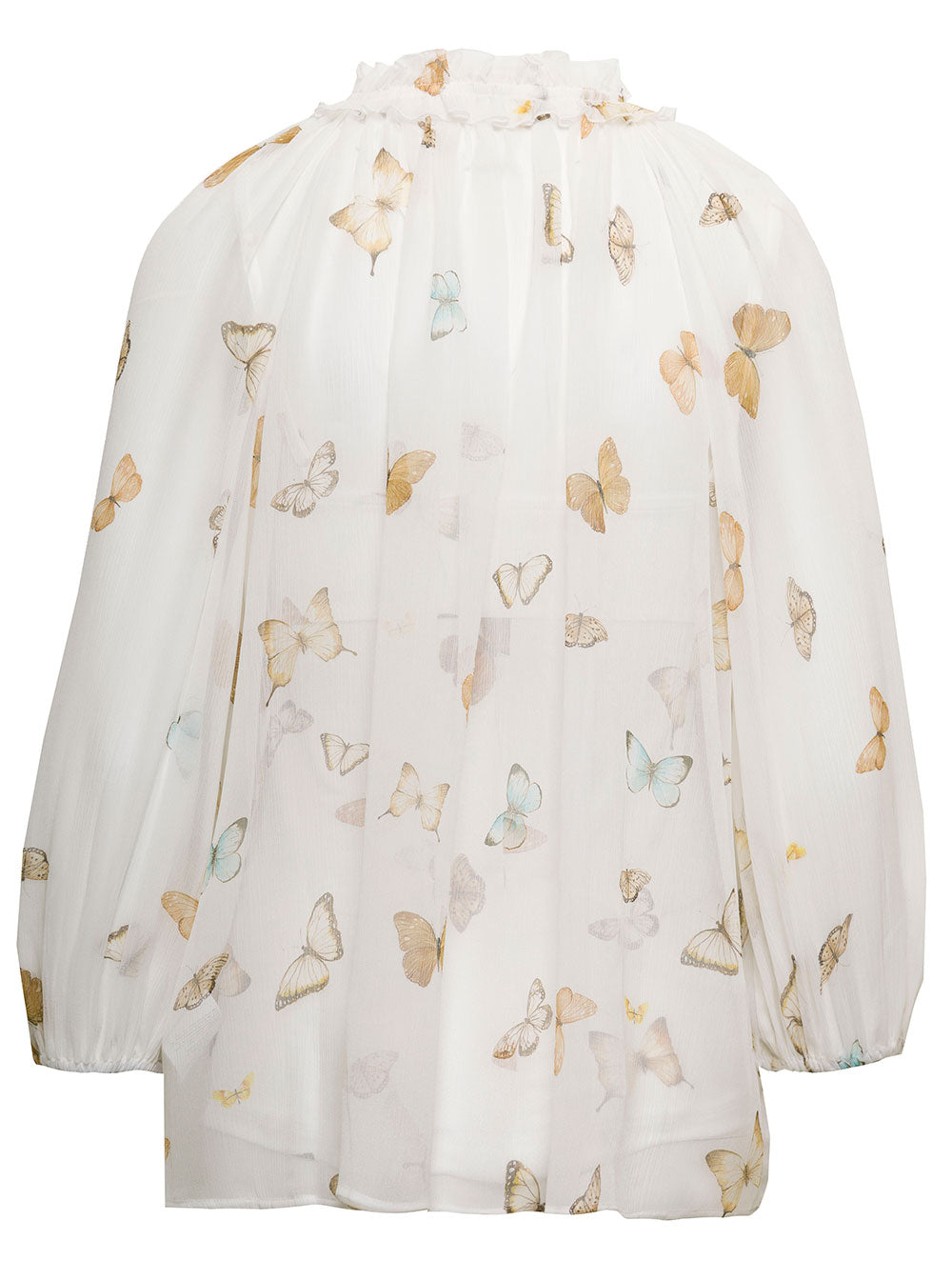 Zamattio Womans White Silk Chiffon Butterfly Printed Shirt And Blouses