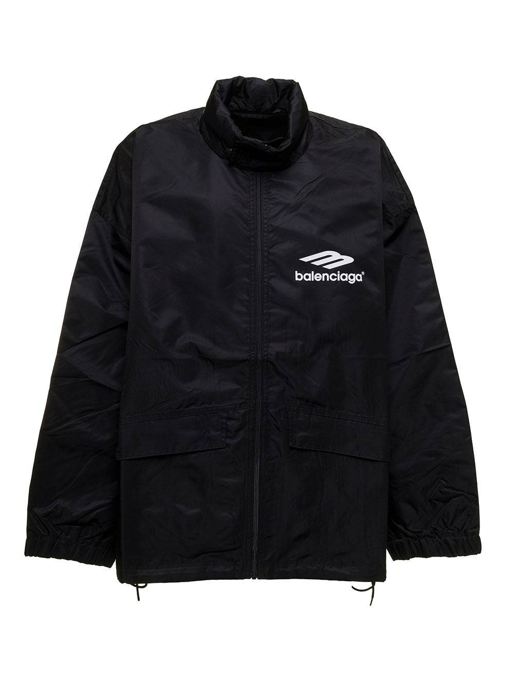 Balenciaga Mans 3b Sports Icon Black Recycled Nylon Windbreaker With Logo Polyamide Outerwear