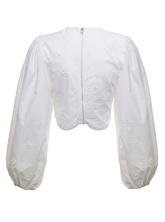 Ganni Womas Broderie Anglaise White Organic Cotton Blouse Shirts And Blouses