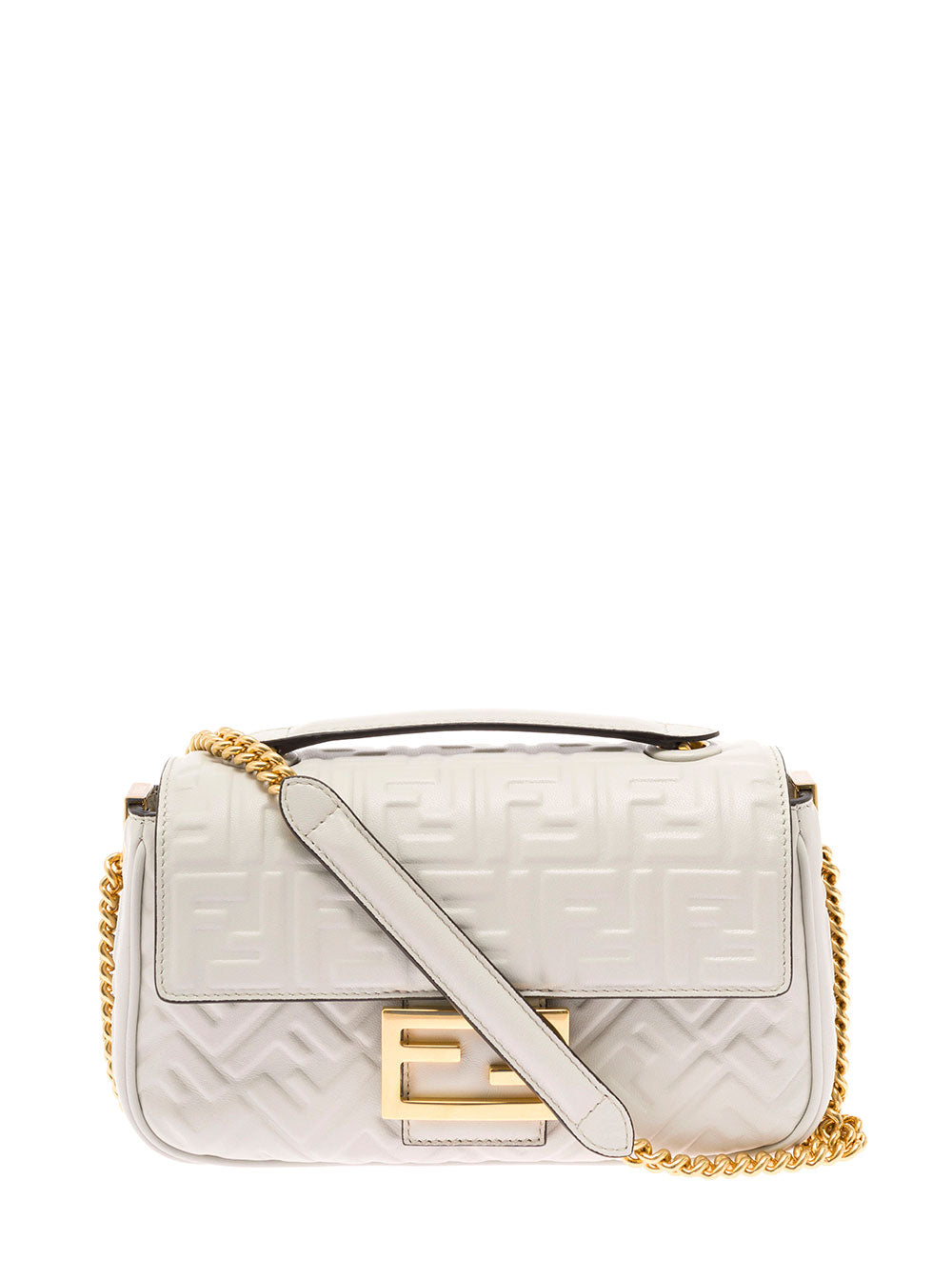 Fendi Womans Baguette White Leather Chain Crossbody Bag Lamb