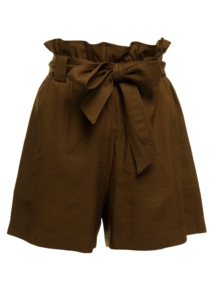 Momonì Womans Nevada Viscose And Brown Linen Shorts With Belt Bermuda