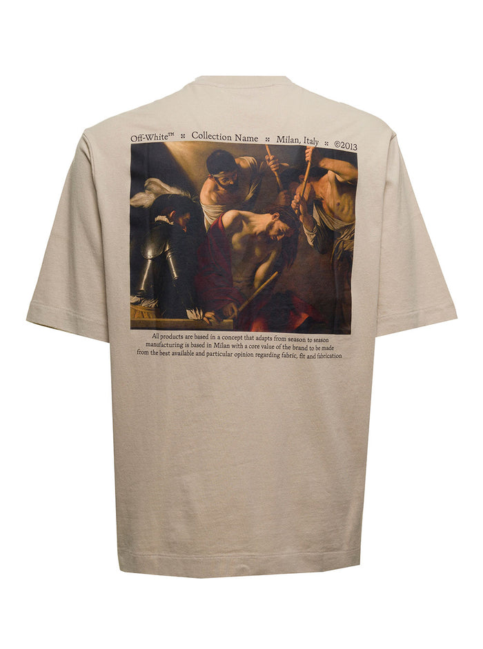 Off White Mans Cotton Caravaggio T-Shirt Brown Tshirts And Polo Shirts