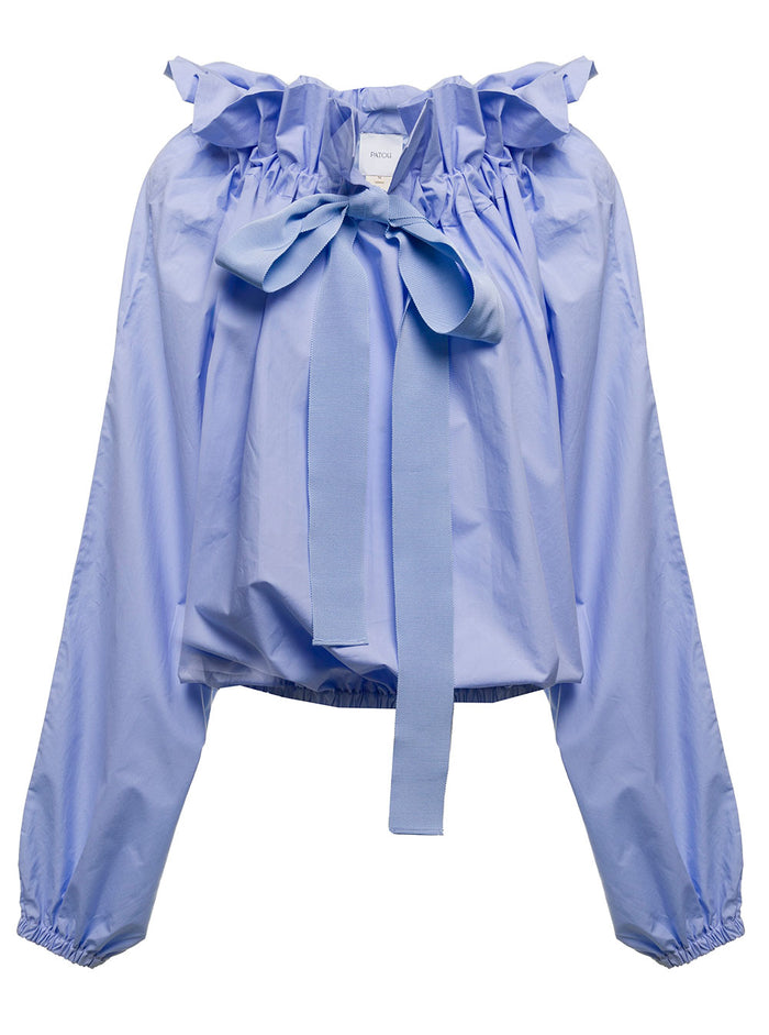Patou Womans Light Blue Gros Grain Blouse With Bow Cotton Shirts And Blouses