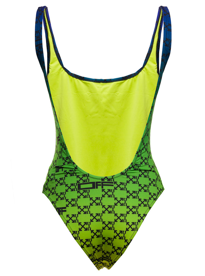 Off White Womans Stretch Fabric Monogram Swimsuit Green Polyester Elastane Beachwear