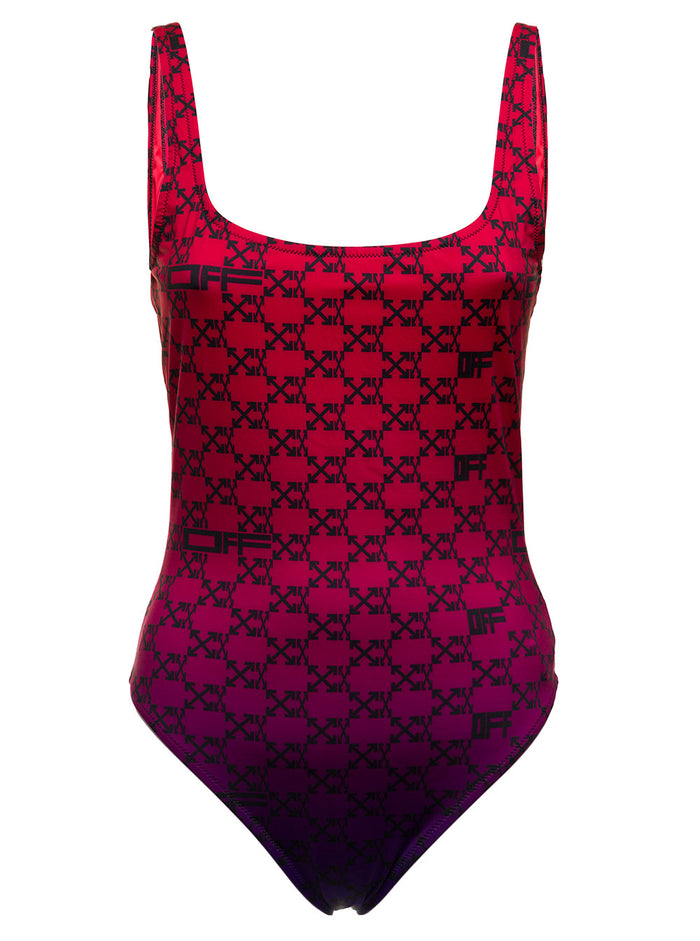 Off White Womans Stretch Fabric Monogram Swimsuit Red Polyester Elastane Beachwear