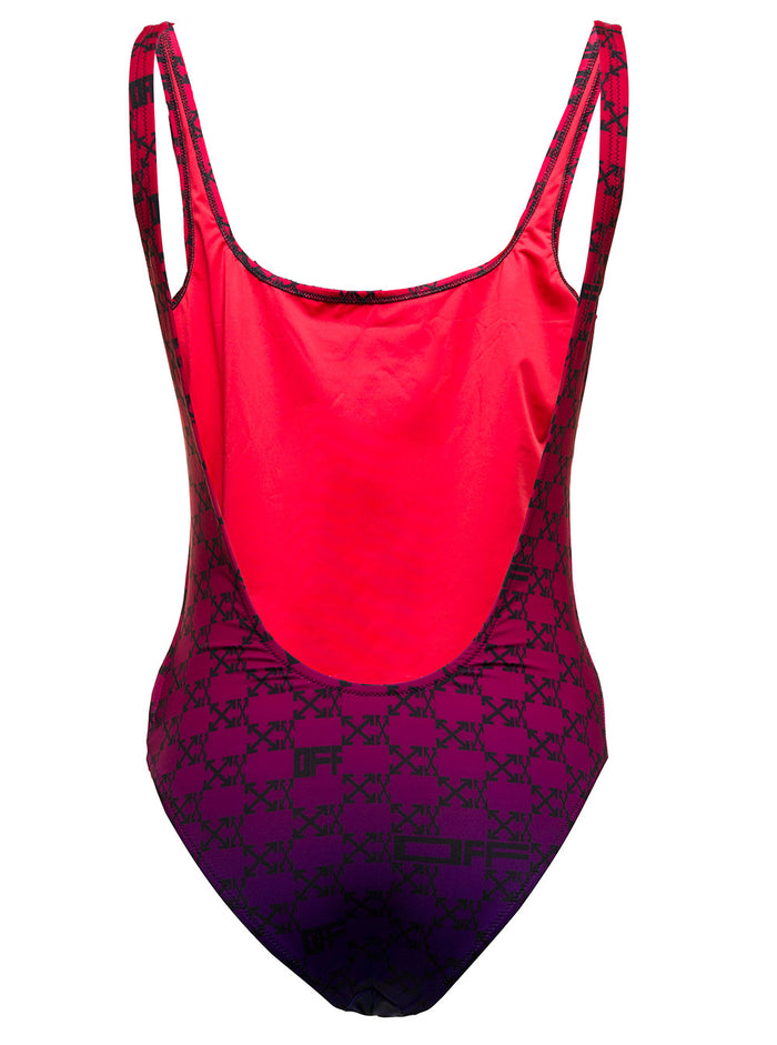 Off White Womans Stretch Fabric Monogram Swimsuit Red Polyester Elastane Beachwear