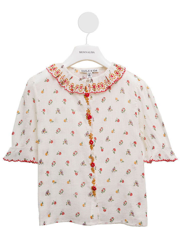 Emile Et Ida Kids Girls Floral Cotton Shirt White And Blouses
