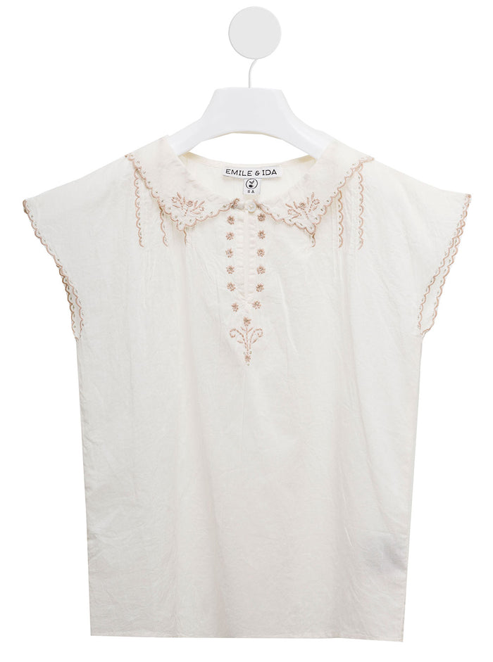 Emile Et Ida Kids Girls White Cotton Shirt With Embroidered Inserts And Blouses