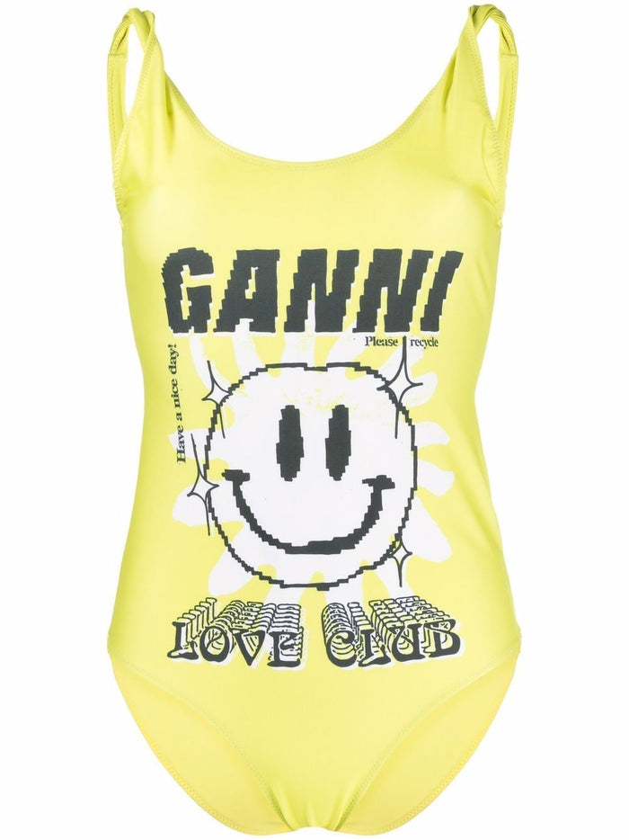 Ganni Womans Yellow Stretch Fabric Swimsuit With Graphic Stamp Beachwear