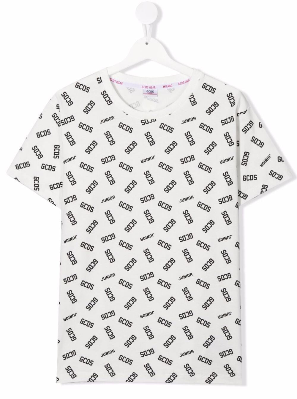 Gcds Kids Boys White Cotton T-Shirt With Allover Logo Print Elastane Tshirts And Polo Shirts