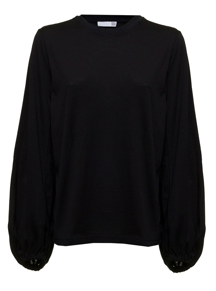 Douuod Womans Long-Sleeved Black Cotton Sweater With Balloon Sleeves Jersey
