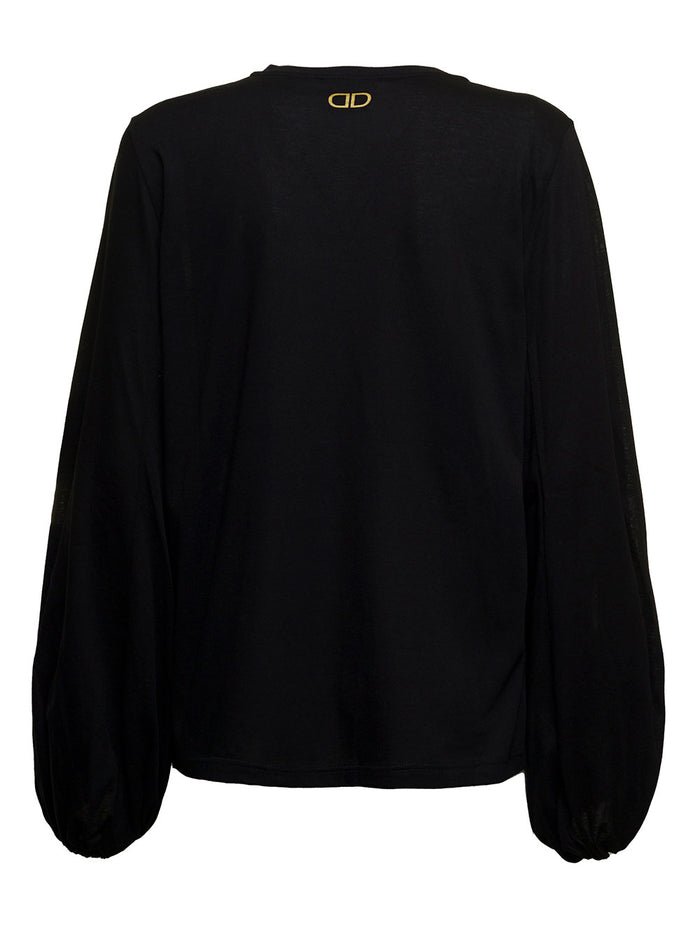 Douuod Womans Long-Sleeved Black Cotton Sweater With Balloon Sleeves Jersey