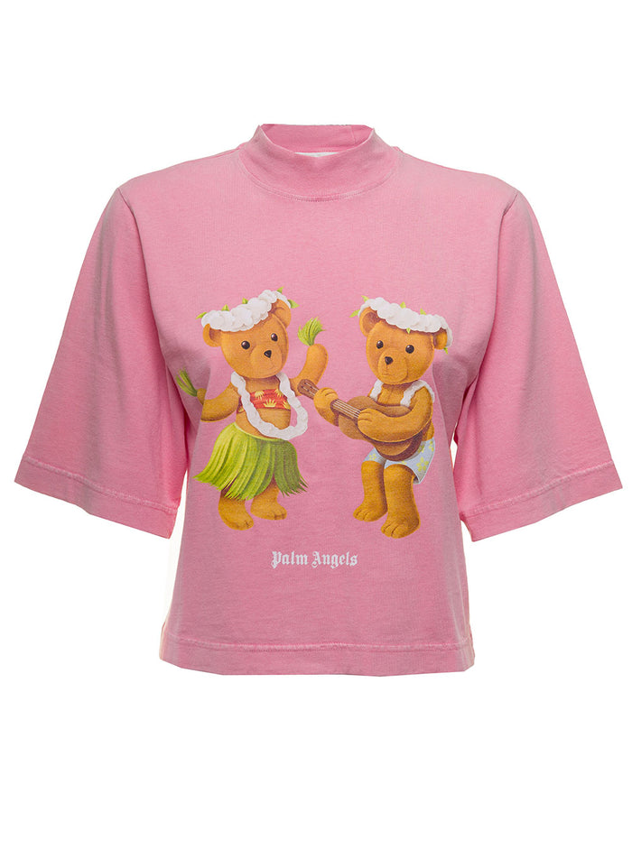Palm Angels Womans Pink Cotton Cropped T-Shirt With Bears Print Tshirts And Polo Shirts
