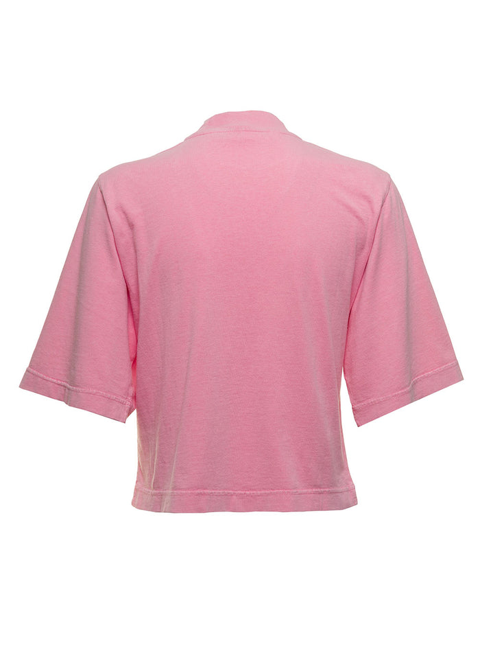 Palm Angels Womans Pink Cotton Cropped T-Shirt With Bears Print Tshirts And Polo Shirts