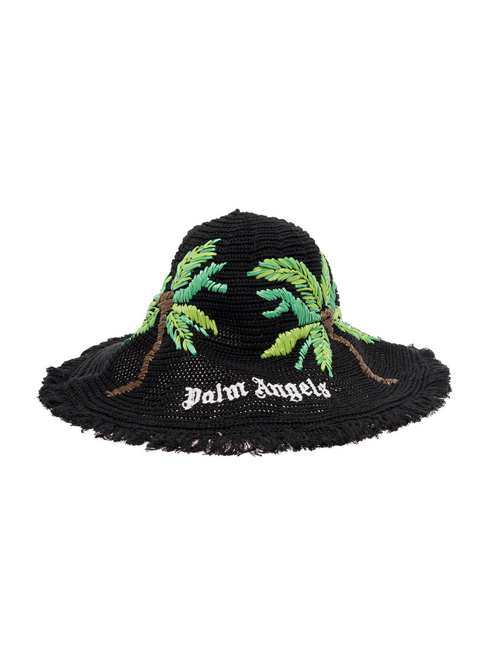 Palm Angels Womans Palms Black Raffia Hat With Logo Polyester And Gloves