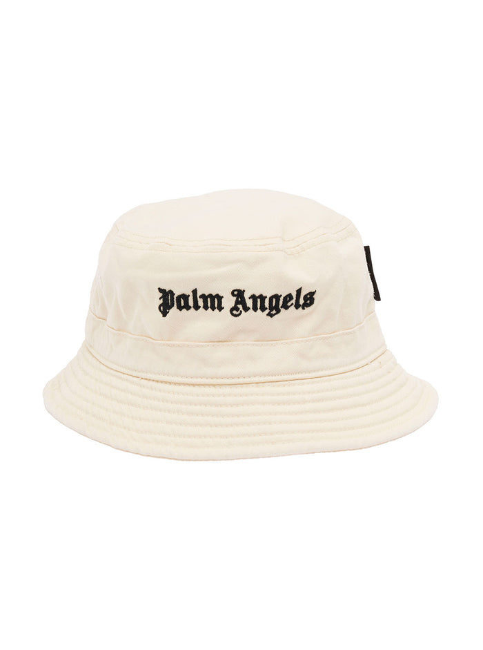 Palm Angels Womans White Cotton Classic Bucket Hat With Logo And Gloves