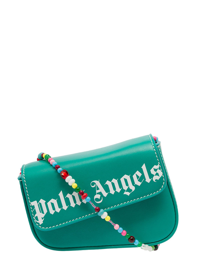 Palma Angels Womans Green Leather Crossbody Bag With Beads Calf