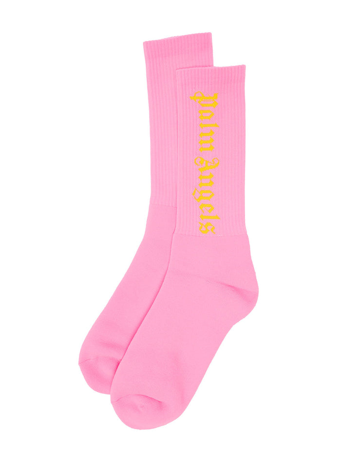 Palm Angels Womans Pink Cotton Socks With Logo Fuxia Elastane Polyamide Underwear