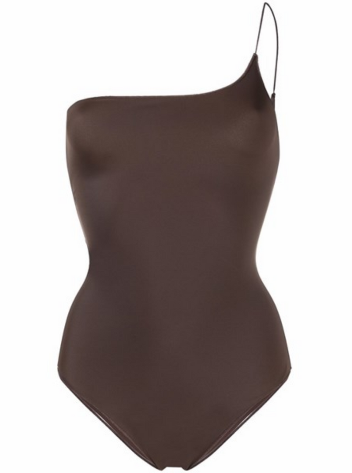 Osèree Womans One-Shoulder Swimsuit Brown Stretch Fabric Recycled Polyamide Elastane Beachwear