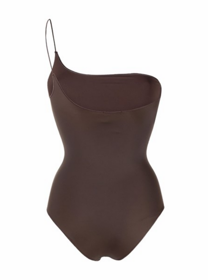 Osèree Womans One-Shoulder Swimsuit Brown Stretch Fabric Recycled Polyamide Elastane Beachwear