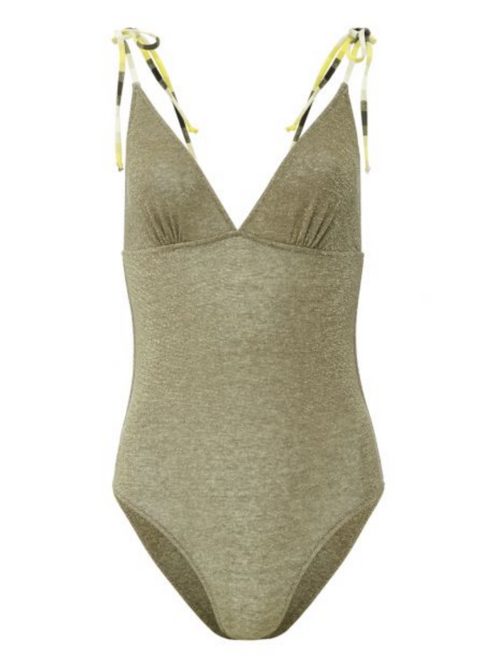 Momonì Womans Green Lurex Swimsuit With Striped Shoulder Straps Beachwear
