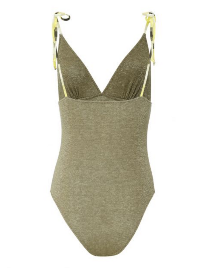 Momonì Womans Green Lurex Swimsuit With Striped Shoulder Straps Beachwear