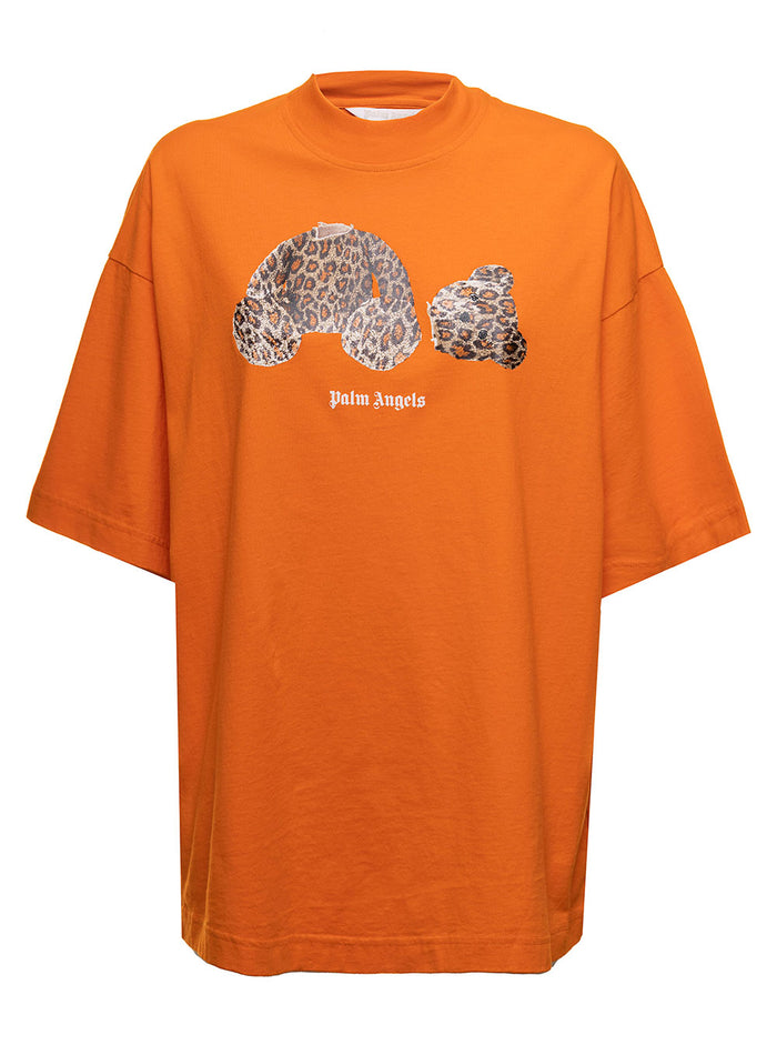 Palm Angels Womens Orange Cotton Oversize T-Shirt With Leopard Bear Tshirts And Polo Shirts