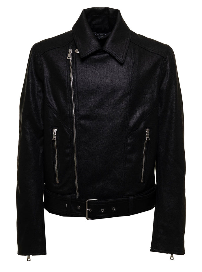 Balmain Mans Black Biker Coated Fabric Jacket